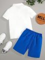 SHEIN Kids Academe Tween Boys' Comfortable Casual Striped Color Block Top & Solid Color Shorts Two Piece Set