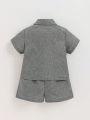 SHEIN Baby Boys' Plain Casual Short Sleeve Shirt And Shorts Set With Turn Down Collar