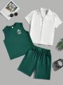 SHEIN Kids SUNSHNE 3pcs/Set Tween Boys' Coconut Tree & Letter Print Round Neck Vest With Solid Color Shorts And Short Sleeves Shirt For Vacation