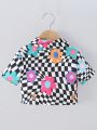 SHEIN Kids Cooltwn Little Girls' Casual Street Style Turn Down Collar Short Sleeve Loose Fit Checkered Print Shirt For Summer