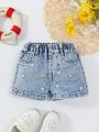 Baby Girls' Vacation Style Casual Loose Fit Colorful Flower Embroidered Elastic Waistband Denim Shorts