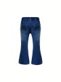 Baby Girls' Vintage Flared Jeans With Distressed Hem, Unique Design And Slanted Waist