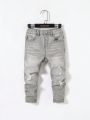 SHEIN Young Boys' Ripped Frayed Washed Grey Denim Jeans ,For Spring And Summer Young Boy Outfits