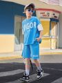 SHEIN Tween Boys' Casual Letter Print 2 In 1 Short Sleeve Tee With Color Block Sleeves Design And Shorts Knitted Two Piece Set