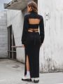 SHEIN ICON Cut Out Sweater & Crisscross Tie Back Split Thigh Knit Skirt