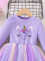 SHEIN Kids QTFun Girls’ Cute Casual Unicorn Embroidery Colorful Mesh Dress With Round Neck, Short Sleeves And Gathered Waist Design