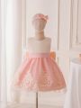 Young Girl Embroidery Mesh Overlay Party Dress With Headband