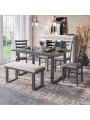 Merax 6-Pieces Family Furniture, Solid Wood Dining Room Set with Rectangular Table & 4 Chairs with Bench(Gray)