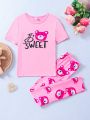 Tween Girls' Spring New Heart Print Short Sleeve T-Shirt With Letter On Chest And Tight Pants Homewear