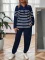 SHEIN LUNE Plus Size Women's Striped Hooded Top And Pants Two-piece Set