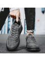 Men's Grey Motorcycle Style Pu Leather Sports Shoes With Thick Soles, Vintage Business Casual Sneakers