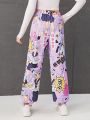 SHEIN Teenage Girls' Cartoon Animal Pattern Knitted Casual Sweatpants With Slanted Pockets