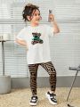 SHEIN Kids HYPEME Girls' Sports Street Fashion Bear Pattern Round Neck T-Shirt And All-Over Printed Pants Set