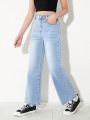 Tween Girls' New Fashionable Distressed Washed Denim Straight Pants, Slim Fit