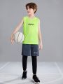 SHEIN Boys' Loose Fit Sleeveless Letter & Graphic Print Round Neck Sports Tank Top