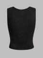 SHEIN Teen Girls' Knitted Ribbed Crop Top With Pleated Chest And Square Neckline, Casual Vest 2pcs/Set