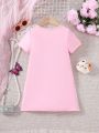 SHEIN Kids SUNSHNE Young Girl Knitted Cat Pattern Loose Fit Casual Dress With Round Neckline