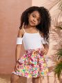 SHEIN Kids Cooltwn Young Girl's Everyday Casual Off-Shoulder Knitted Top Matched With Floral Skirt