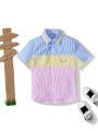 SHEIN Kids Academe Young Boy Preppy Style Contrast Striped Short Sleeve Shirt With Turn-Down Collar