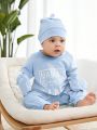 SHEIN 3pcs/Set Baby Boys' Casual Simple Daily Wear Comfortable Letter Print Jumpsuit With Hat And Gloves, Spring/Summer