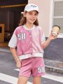 SHEIN Kids EVRYDAY Big Girls' Knitted Color Block Loose Short-Sleeved Baseball Collar Top + Knitted Letter Print Loose Shorts Two-Piece Set