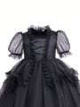 Girls' Polka Dot Print Lace Mesh Patchwork Party Dress With Tulle Overlay