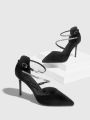 Cuccoo Everyday Collection Rhinestone Decor Point Toe Stiletto Heeled Ankle Strap Faux Suede Pumps