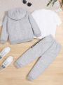 SHEIN Kids EVRYDAY Young Boy Letter Graphic Zip Up Hoodie & Sweatpants & Tee
