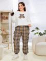 SHEIN Qutie Plus Size Women'S Cartoon Bear Printed Plush Sweatshirt And Cargo Pants Set