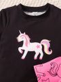 SHEIN Kids QTFun 2pcs Toddler Girls' Comfortable Unicorn & Star Printed Casual T-shirts