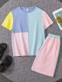 SHEIN Kids EVRYDAY Tween Boys' Loose Fit Casual Round Neck Contrast Color Short Sleeve T-Shirt And Shorts Set