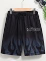 Teen Boy's Flame And Letter Print Drawstring Waist Shorts