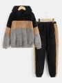 SHEIN Tween Boy 2pcs/Set Color Block Plush Lined Hoodie And Pants, Long Sleeve