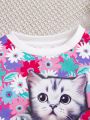 SHEIN Infant Girls' Cute Cartoon Cat & Floral Pattern Patchwork Long Sleeve Sweatshirt