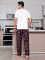 Men's Letter & Bowtie Print Short Sleeve Top And Long Pants Homewear Set