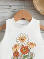 Young Girls' Casual Simple Cartoon Flower & Letter Print Vest Top Suitable For Summer