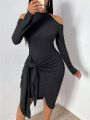 SHEIN SXY Solid Color Cutout Shoulder Twist Front Dress