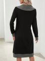 Women'S Color Block, V-Neck, Mid-Length Dress