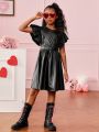 SHEIN Kids Cooltwn Big Girls' Street Style Solid Color Pu Dress With Ruffle Hem