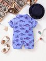 Summer Full-Open Shirt Collar Ocean Blue Animal Cute Casual Print Baby Boys Romper With Fisherman Hat