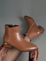 Women's Fashionable Short Boots With Pointed Toe, Side Zipper, Mid Heel, Chunky Heel, Brown, Anti-slip And Comfortable