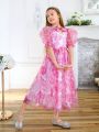 SHEIN Kids CHARMNG Tween Girls' Printed Chiffon Dress With Bubble Sleeves & Concealed Zipper Back