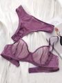 2pcs/set Fashionable Soft & Breathable French Mesh Transparent Seamless Bra And Panties Set, Sexy Lingerie For Women, Color: Mordandy Purple