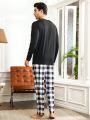 Men'S Solid Color Long Sleeve T-Shirt And Plaid Pants Homewear Set