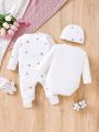 SHEIN Baby Girl White Cartoon Printed Bodysuit Jumpsuit, Hat Set, 3pcs Home Clothes