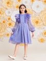 SHEIN Tween Girls' Slim Fit Gorgeous Double-Layered Mesh Dress With Ruffle Collar And Sheer Sleeves