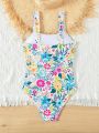 Girls Teen Floral Print Chest Pleated One Piece Swimsuit