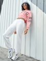 Street Sport Letter Print Cropped Hoodie And Cut-Out Waist Sweatpants Track Set