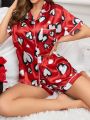 Heart Print Satin Pajama Set