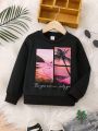 SHEIN Kids SUNSHNE Little Girls' Chest Print Long Sleeve Casual Sweatshirt
